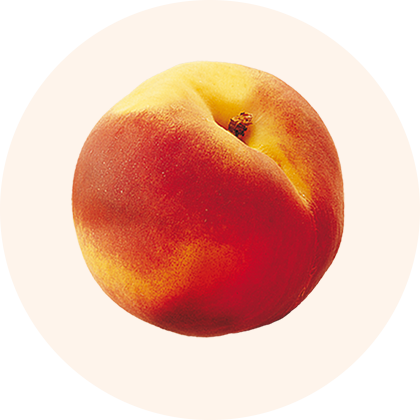 A ripe peach with a smooth, velvety skin and a singular stem protruding from the top.