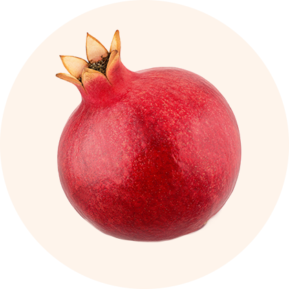 A ripe pomegranate with a textured red skin and a yellow arilago cap.