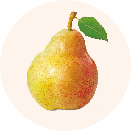 A pear with a green leaf.